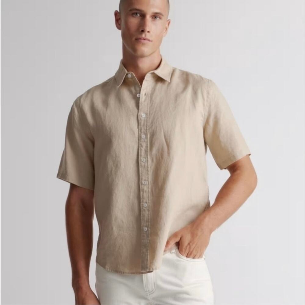 Quince Men's European Linen Relaxed Short Sleeve Button Up Shirt Size Medium Tan